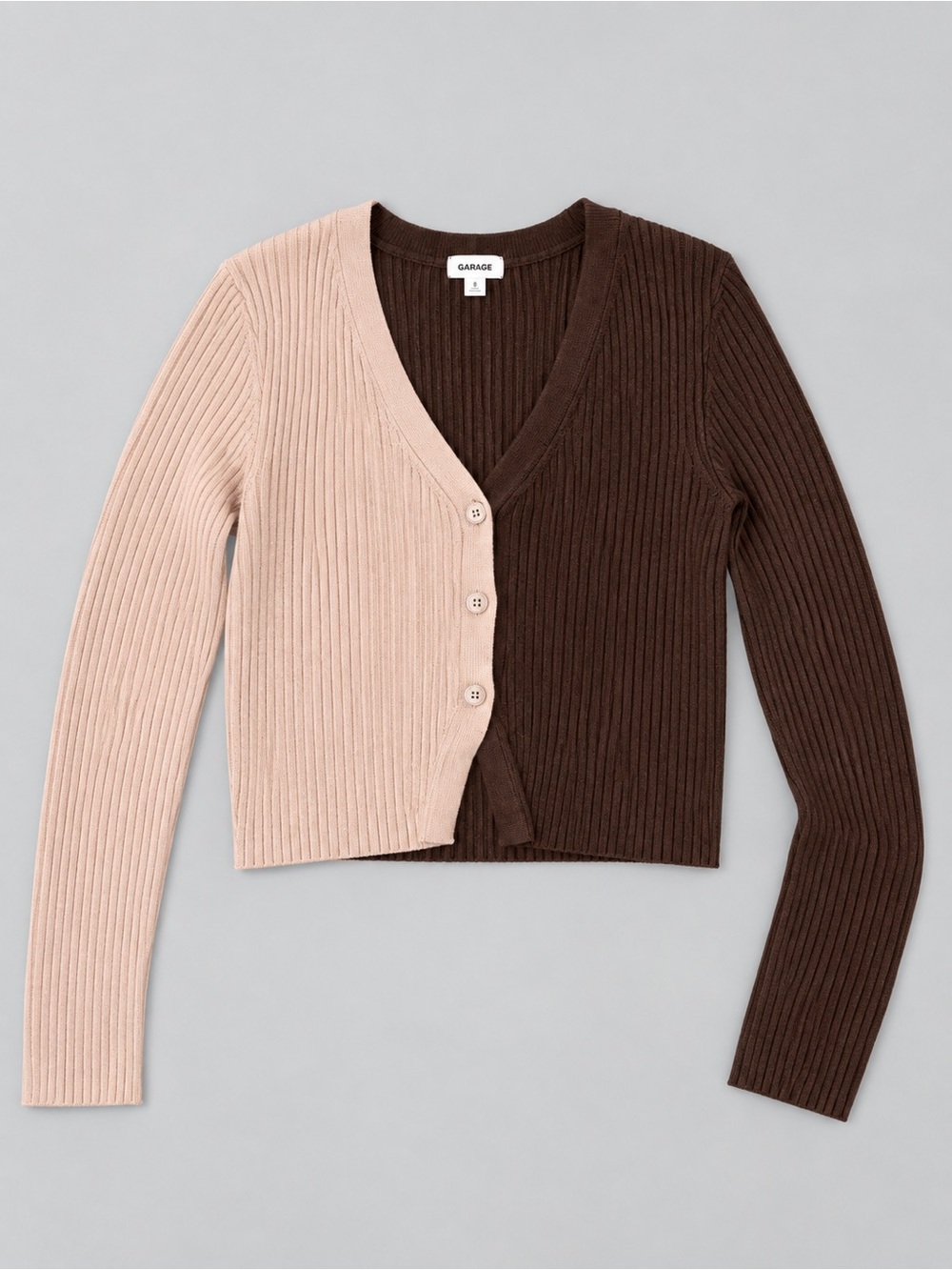 Garage Two-Tone Ribbed V-Neck Cardigan - Pink & Brown